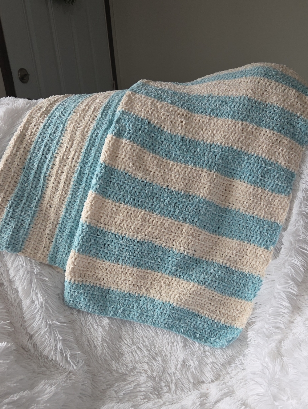 Handmade Blue and Cream Striped Crochet Throw Blankets Cozy Home Accents Two